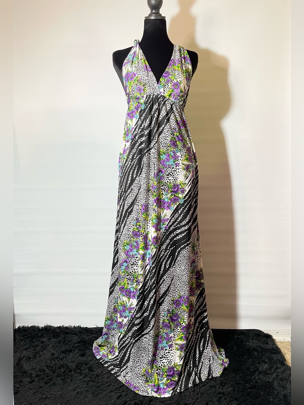 Floral Zebra-Stripe Maxi Dress in Purple and Black